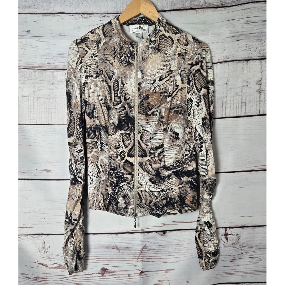 Joseph Ribkoff Womens Jacket Size 10 Snake Print Zip Up Ruched Sleeves Fitted